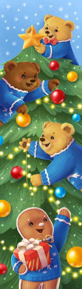 Gingy the gingerbread man and his bear friends decorating a Christmas tree with lights, ornaments, and presents.