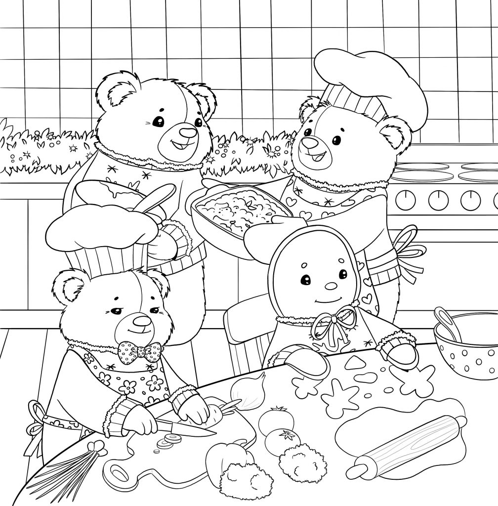 Black & white coloring page of Gingy the gingerbread man with his bear friends in a kitchen making vegetables, mac and cheese and cookies.