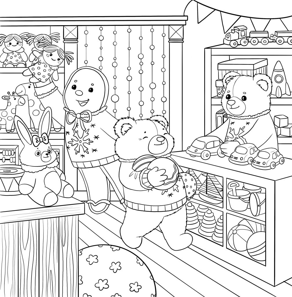 Black & white coloring page of Gingy the gingerbread man with his bear friends buying toys in a toy store.