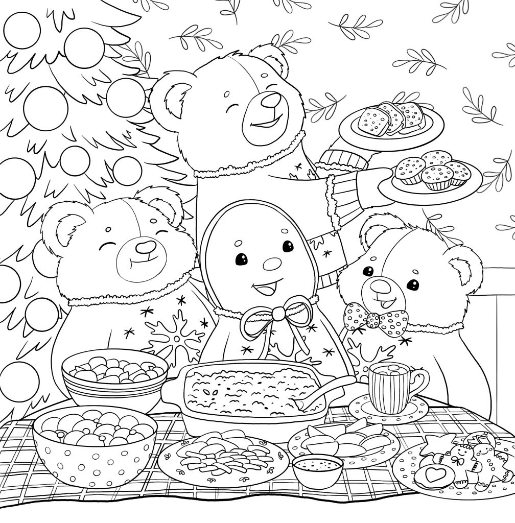 Black & white coloring page of Gingy the gingerbread man with his bear friends sharing a Christmas meal.