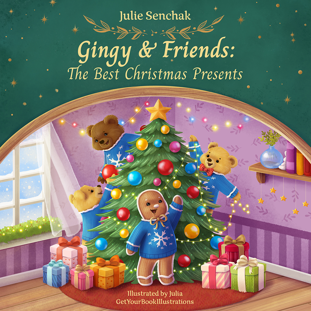 Gingy the gingerbread man and his bear friends decorating a Christmas tree with lights, ornaments, and presents.