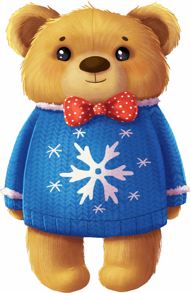 Georgie the bear with a serious look dressed in a blue snowflake sweater with a red bow tie with white polka dots.